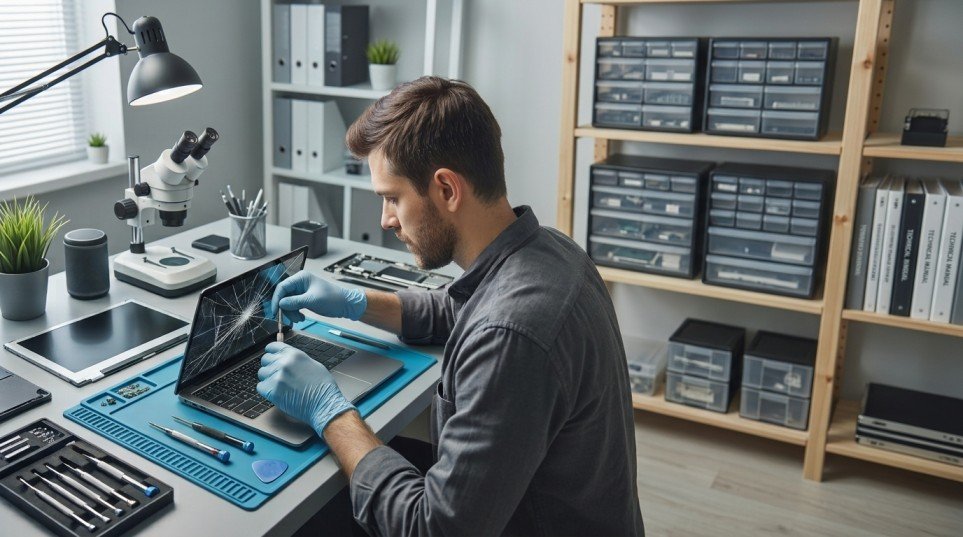 Technician replacing a cracked laptop screen in Albany, NY