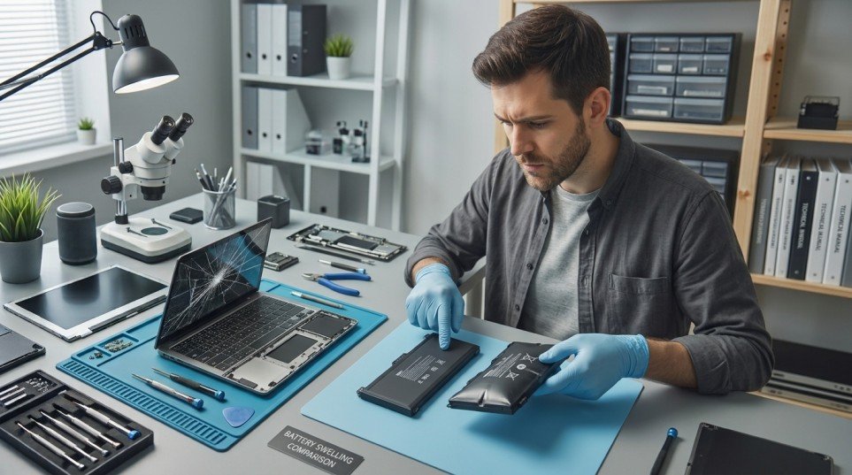 Laptop battery comparison showing normal versus swollen batterya